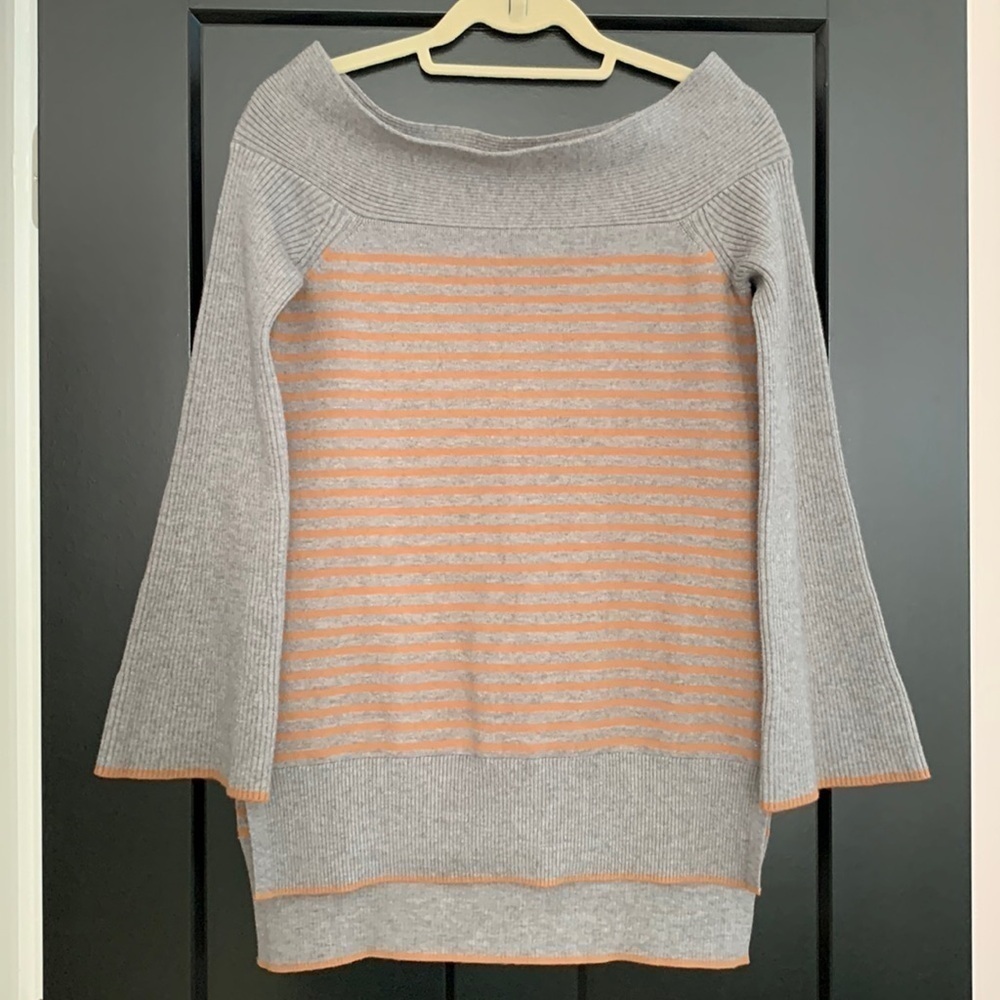 Anthropologie Boat Neck, Gray Sweater w/Orange Stripes. Bell Sleeves. Size XS